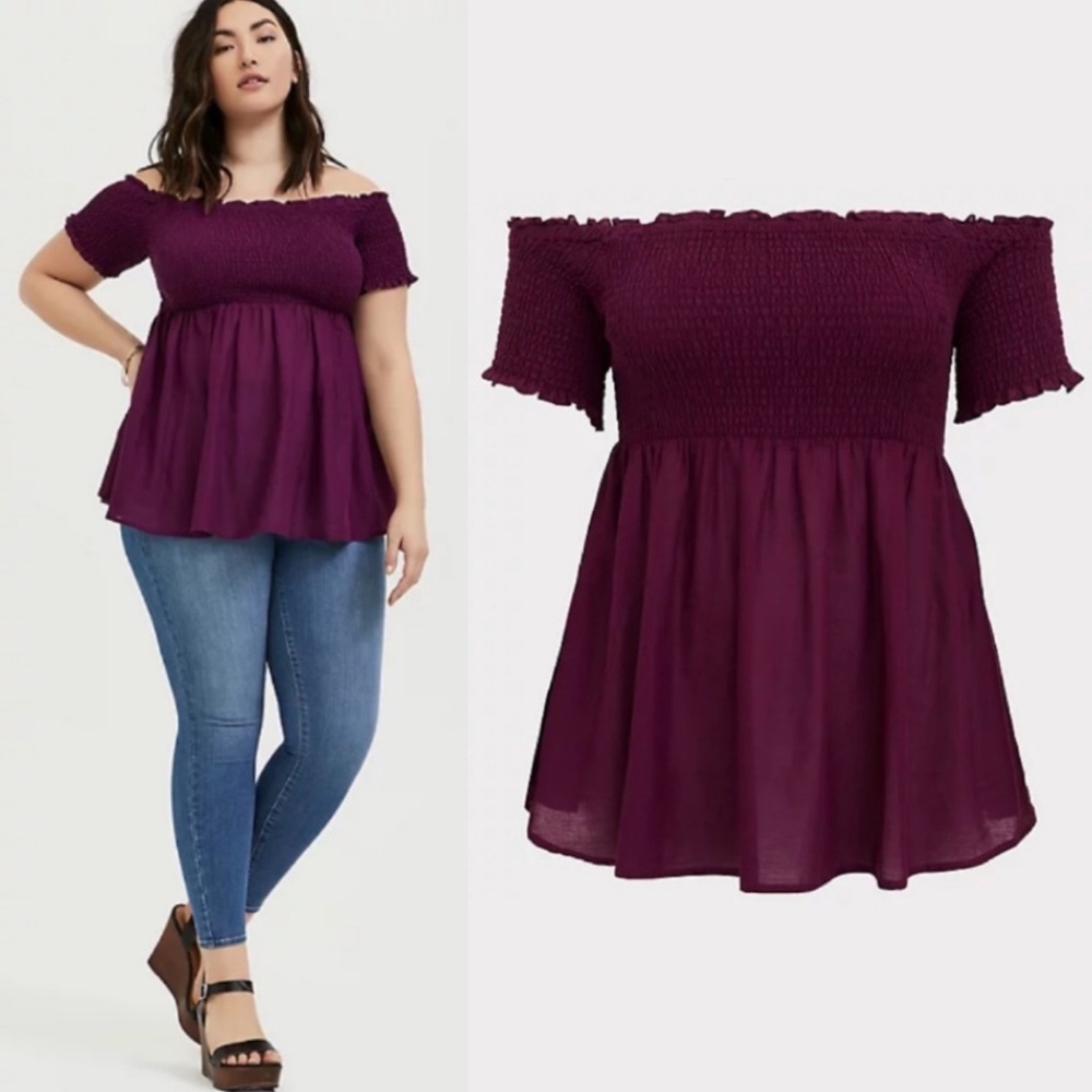 TORRID PLUM PURPLE SMOCKED OFF SHOULDER PEPLUM TOP